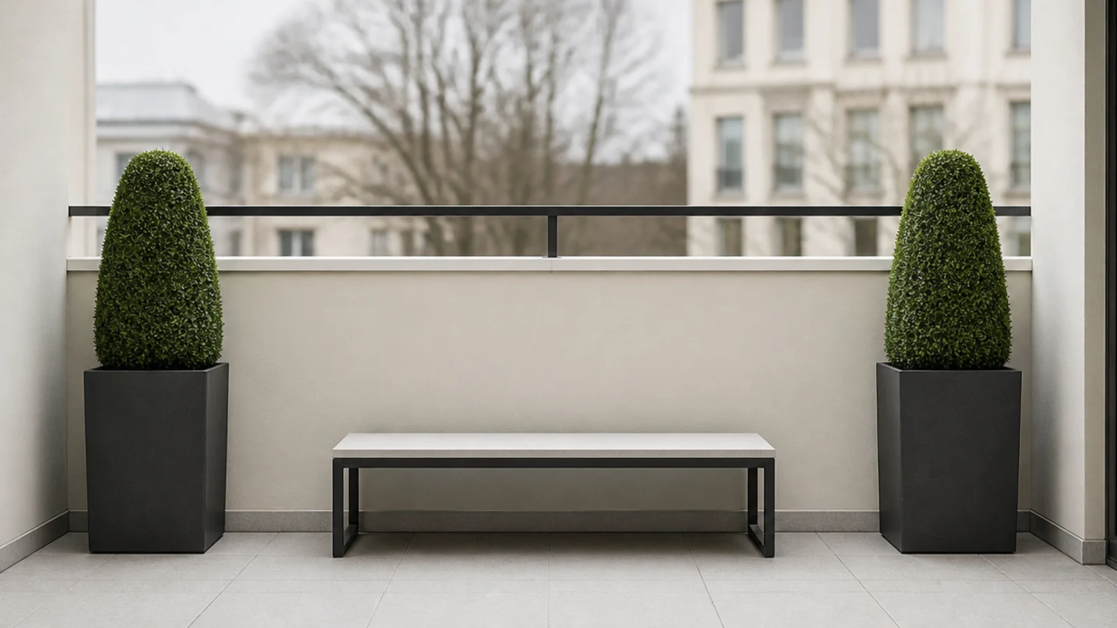 matching planters symmetrically placed at both ends of a balcony
