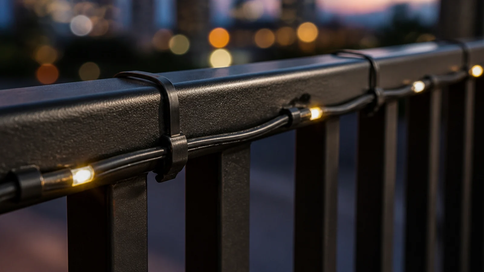 black zip ties and clips matched to a dark balcony railing finish