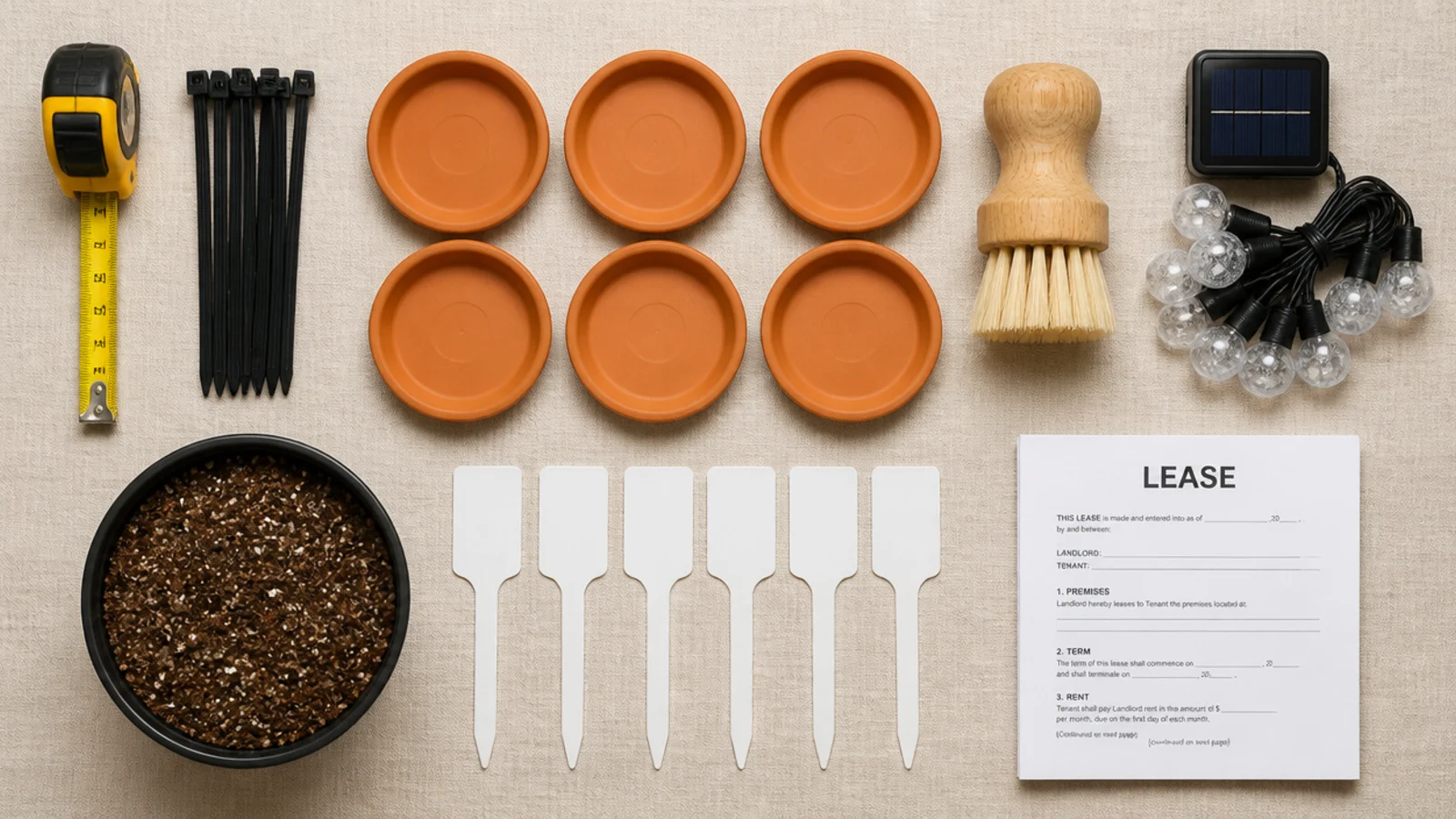 flat lay of balcony styling supplies with tape measure zip ties and saucers
