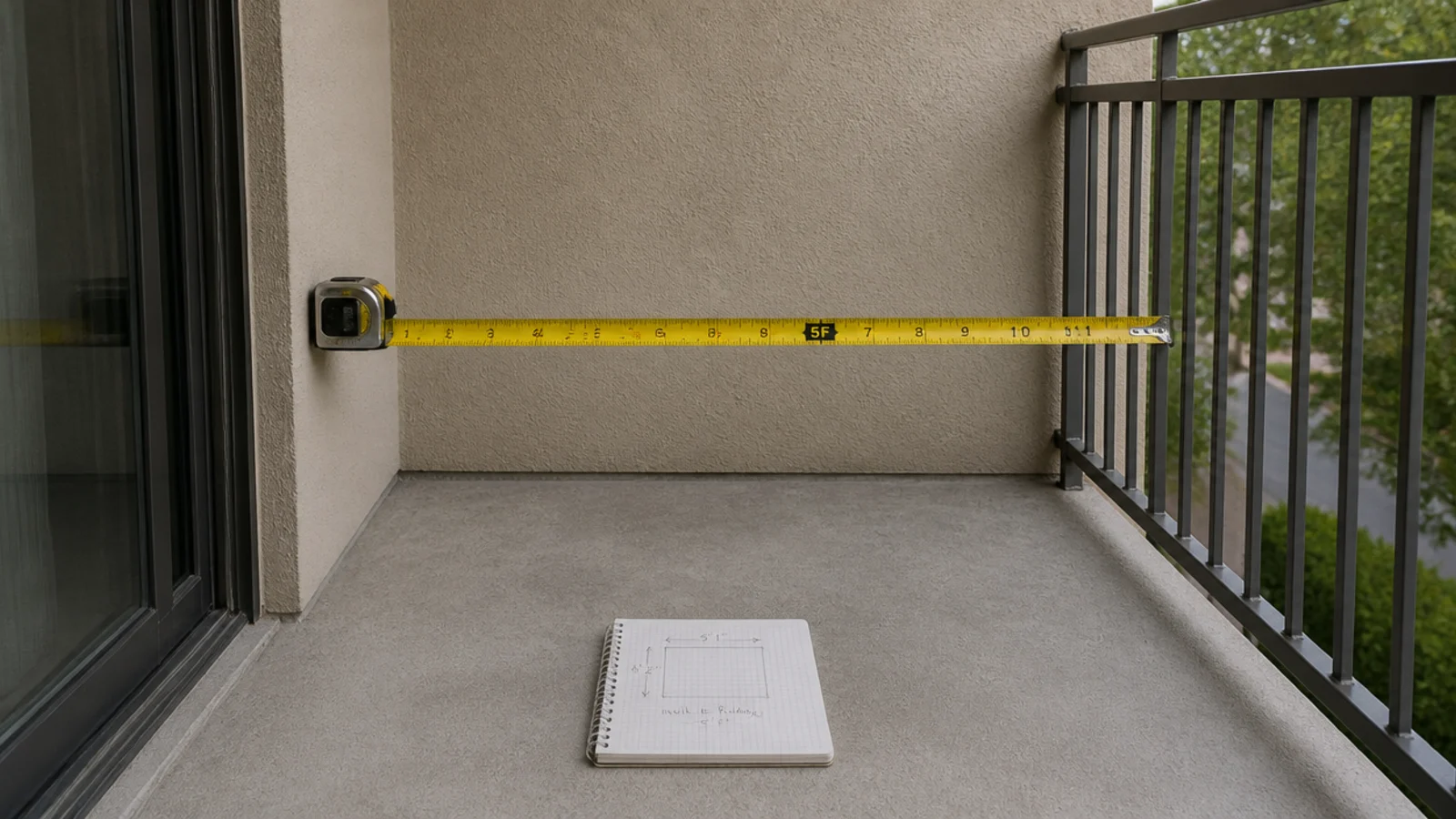 tape measure stretched across the depth of an empty apartment balcony