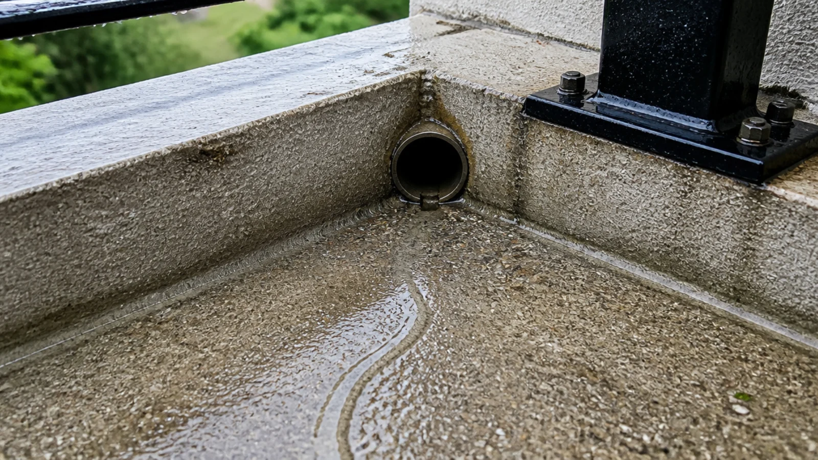 small balcony drain outlet at the base of a railing after rain