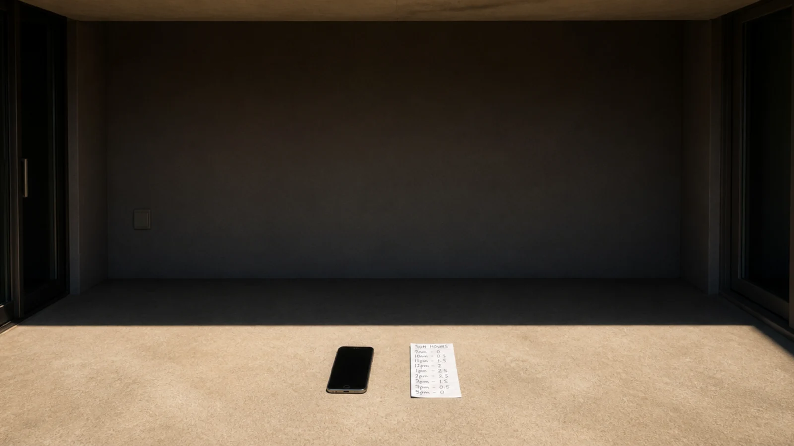 hard sunlight and deep shade dividing an empty balcony floor at midday