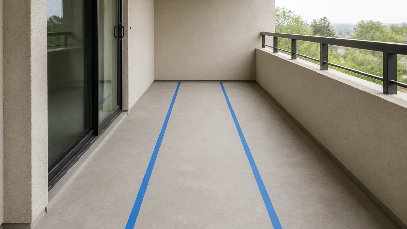 painters tape marking a clear walkway across a bare balcony floor