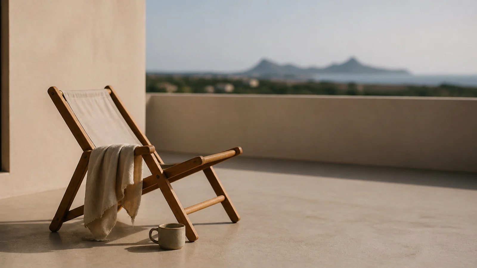 single lounge chair with a throw on an otherwise empty apartment balcony