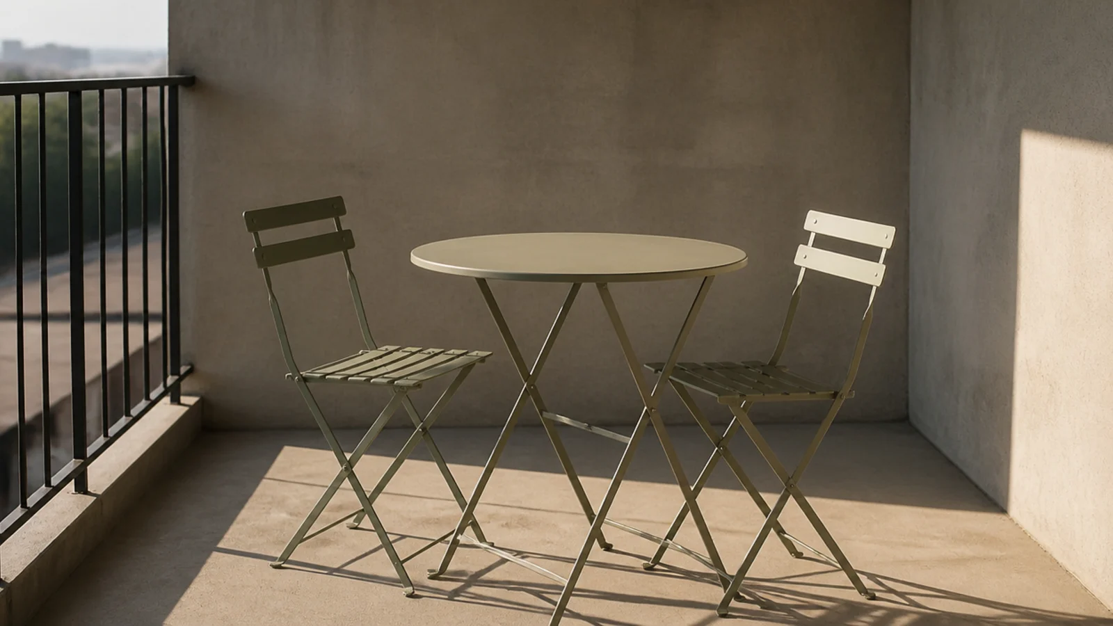 two folding bistro chairs and a small table placed on balcony concrete
