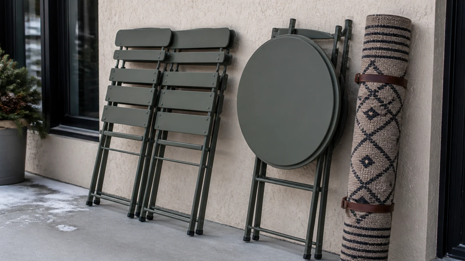 folded balcony chairs and table stacked flat against a stucco wall