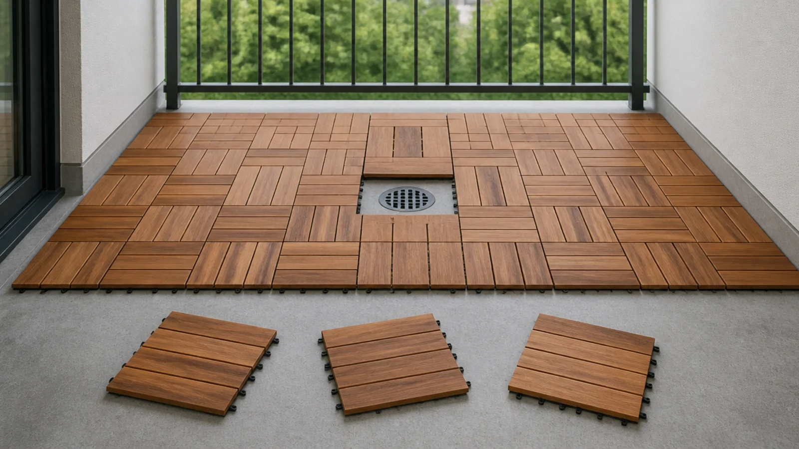 interlocking wooden deck tiles being clipped over grey balcony concrete