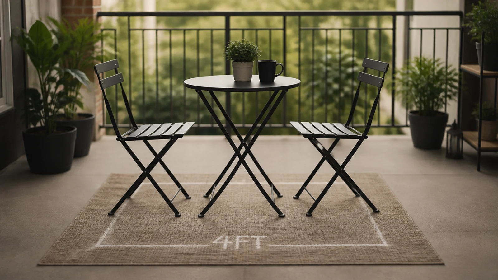 bistro set arranged within a marked four foot square on a balcony