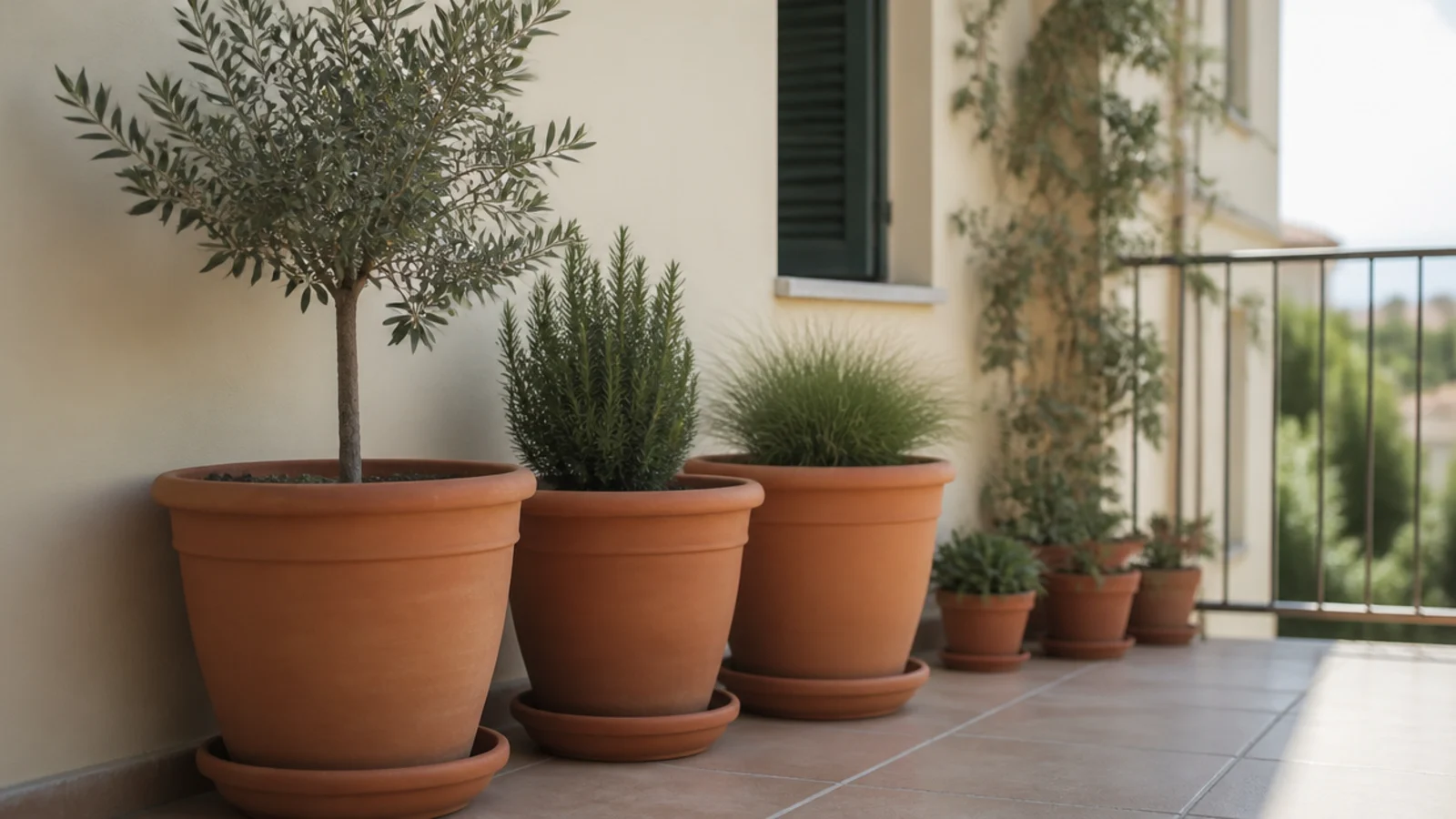 heavy terracotta planters lined along the building wall of a balcony