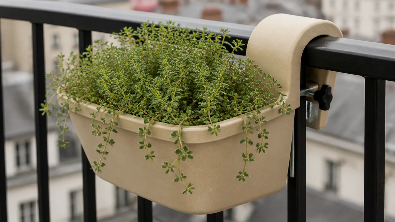 hook over herb planter resting inside a black balcony railing
