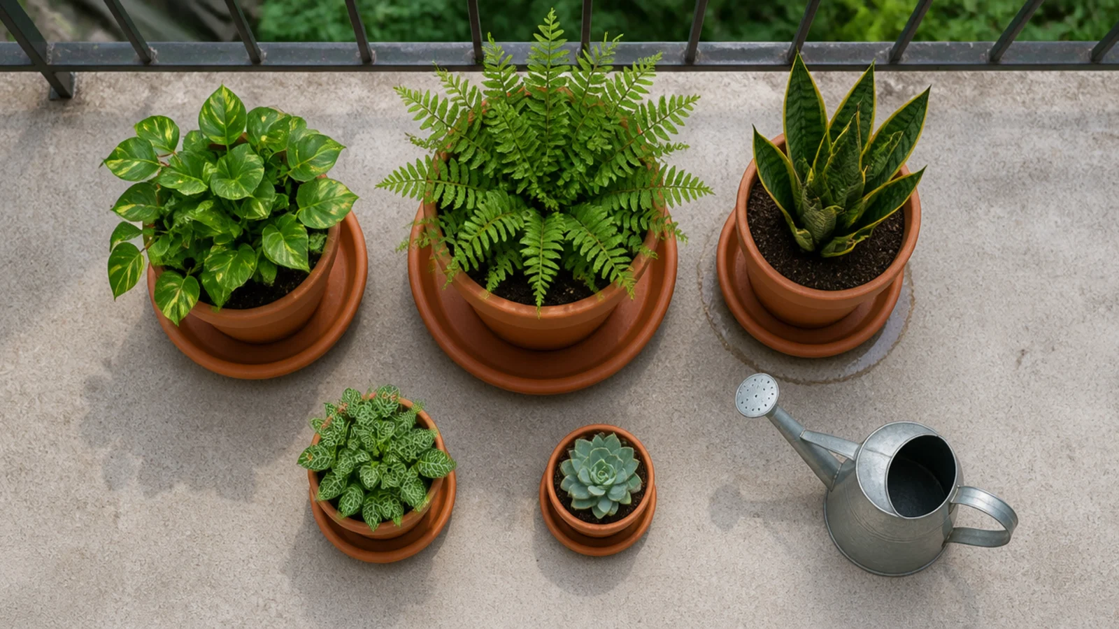 terracotta saucers set under a row of balcony plant pots on concrete
