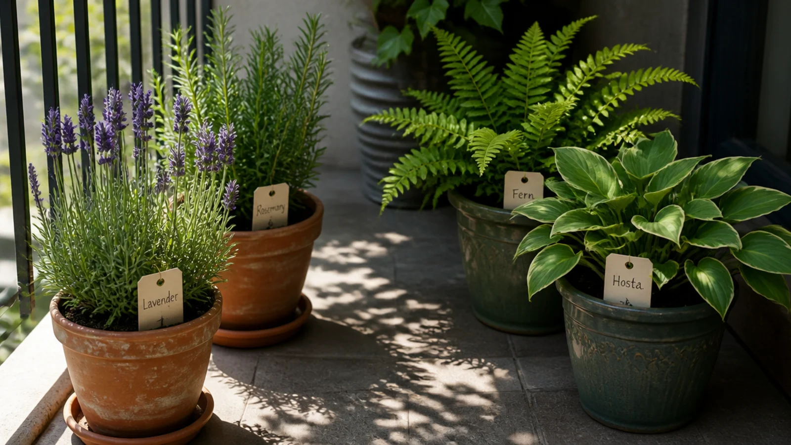 shade ferns and sun loving herbs grouped separately on a balcony