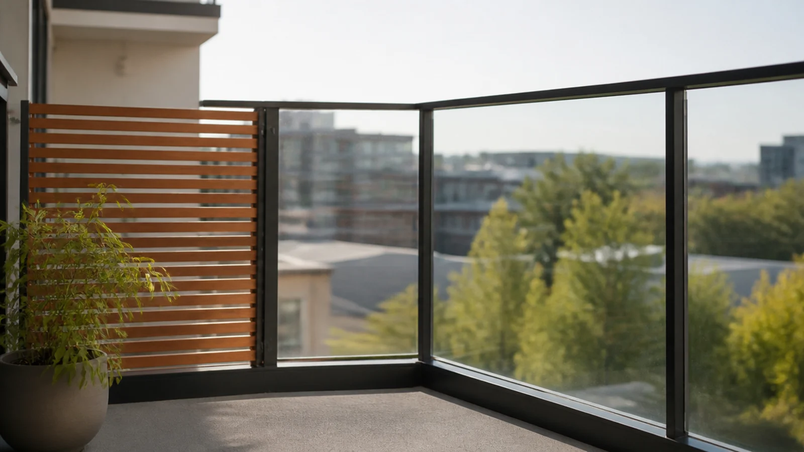 slatted screen panel fixed inside a short section of balcony railing