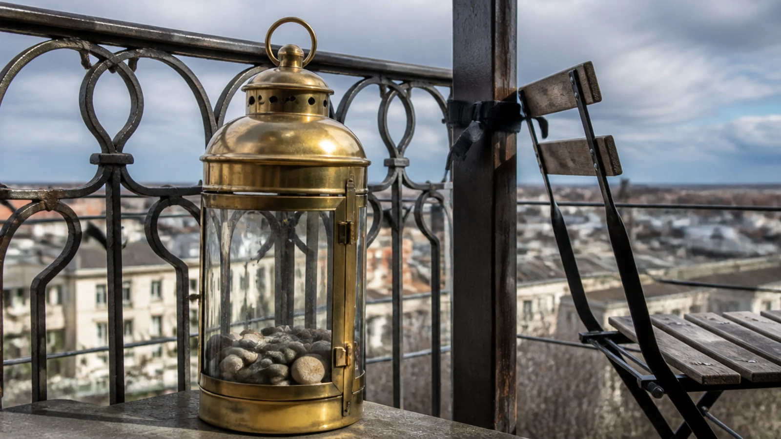 lantern weighted with stones and a chair tethered on a high balcony