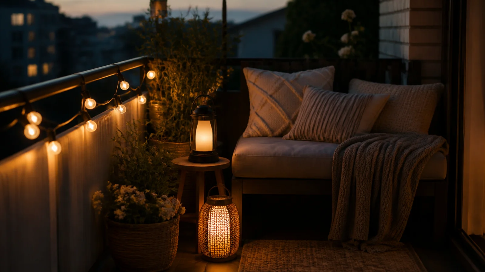 solar string lights and LED lanterns glowing on a balcony at dusk
