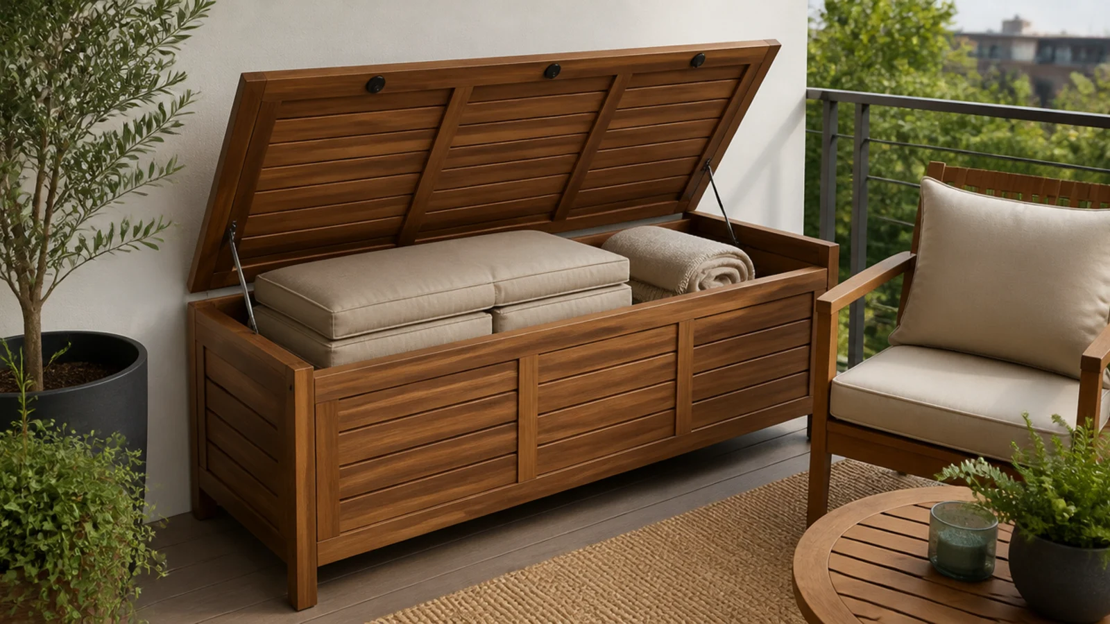 lidded storage bench open showing folded outdoor cushions on a balcony