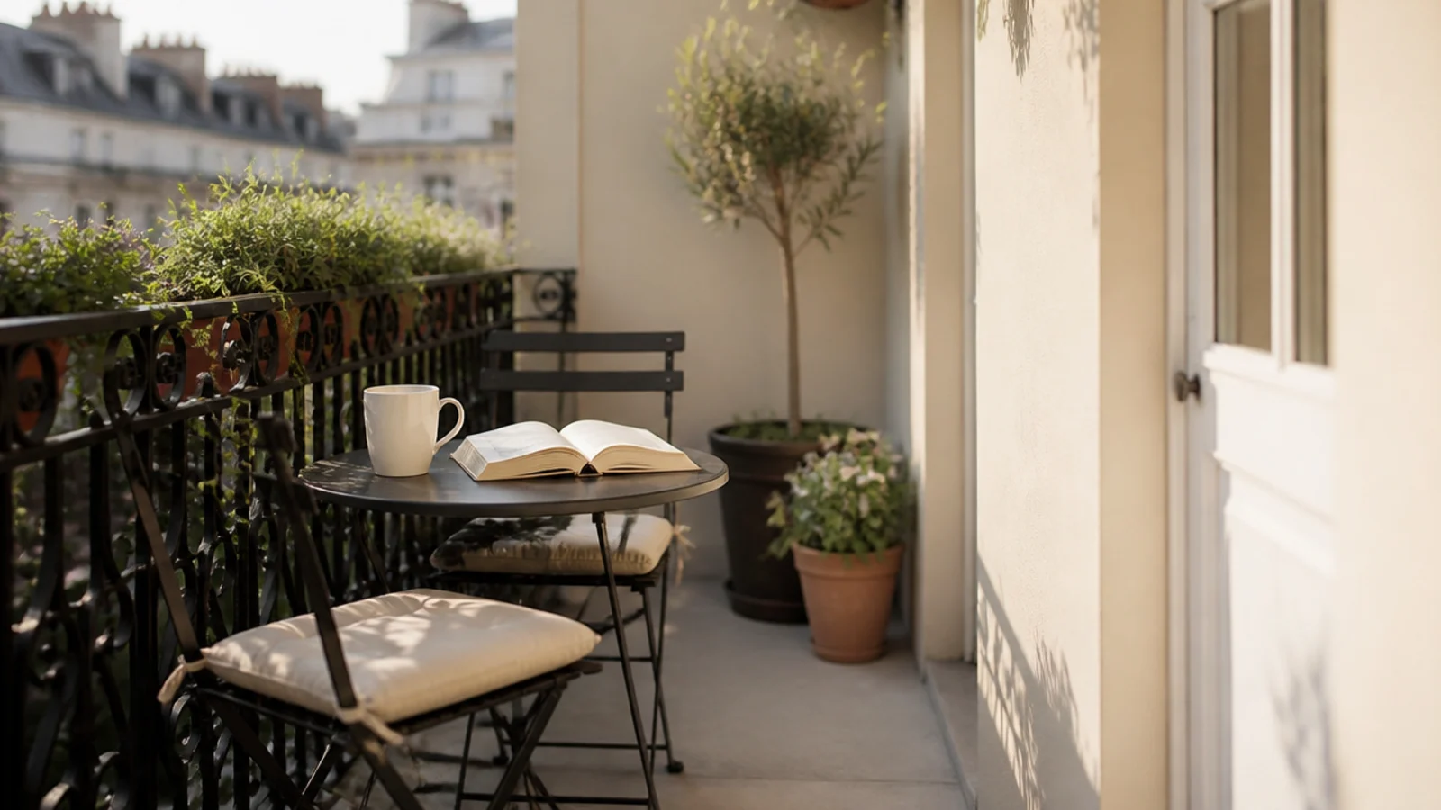 finished apartment balcony styled simply with coffee and morning light