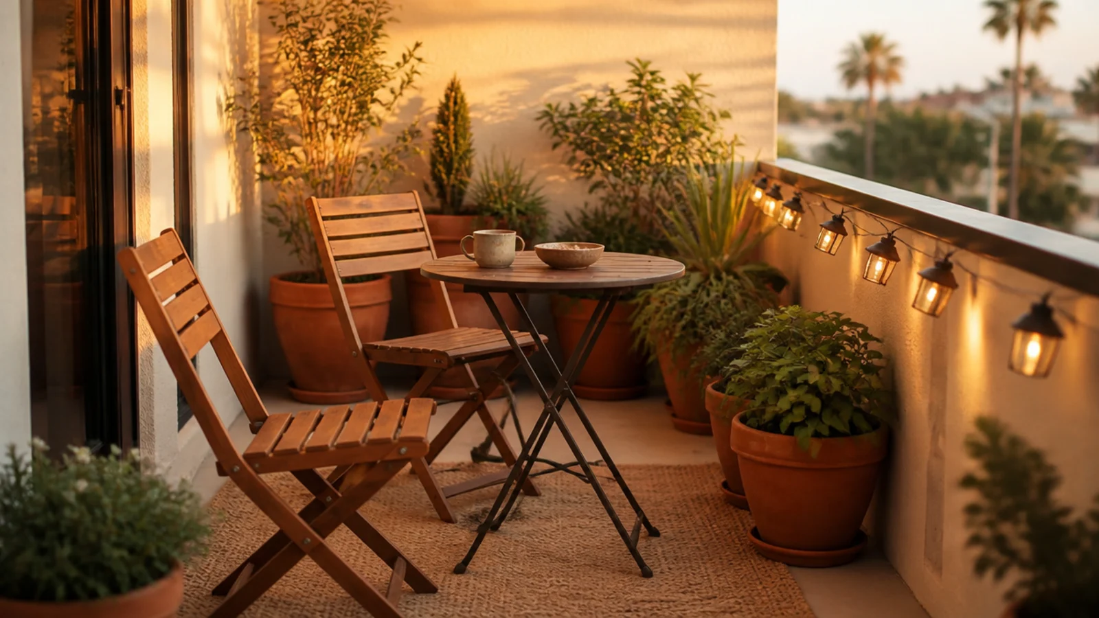 styled small apartment balcony with folding chairs plants and warm evening lights