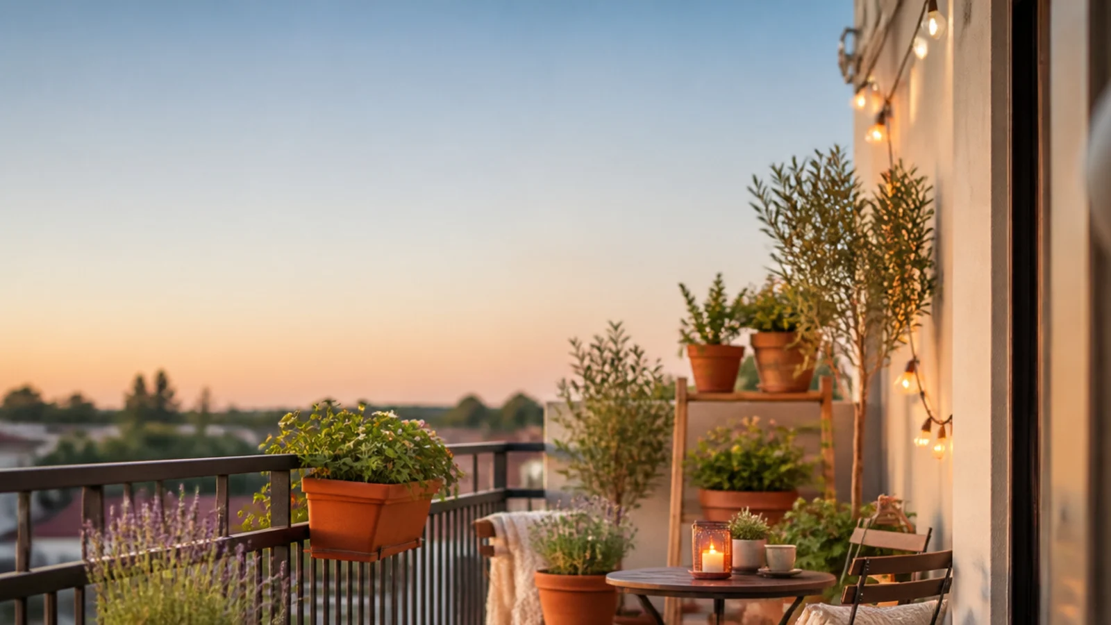 vertical step by step image of small apartment balcony decor with plants and seating