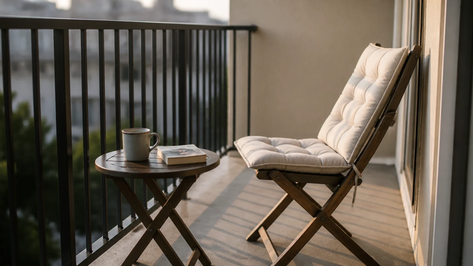 small balcony set up purely as a morning coffee spot with one chair