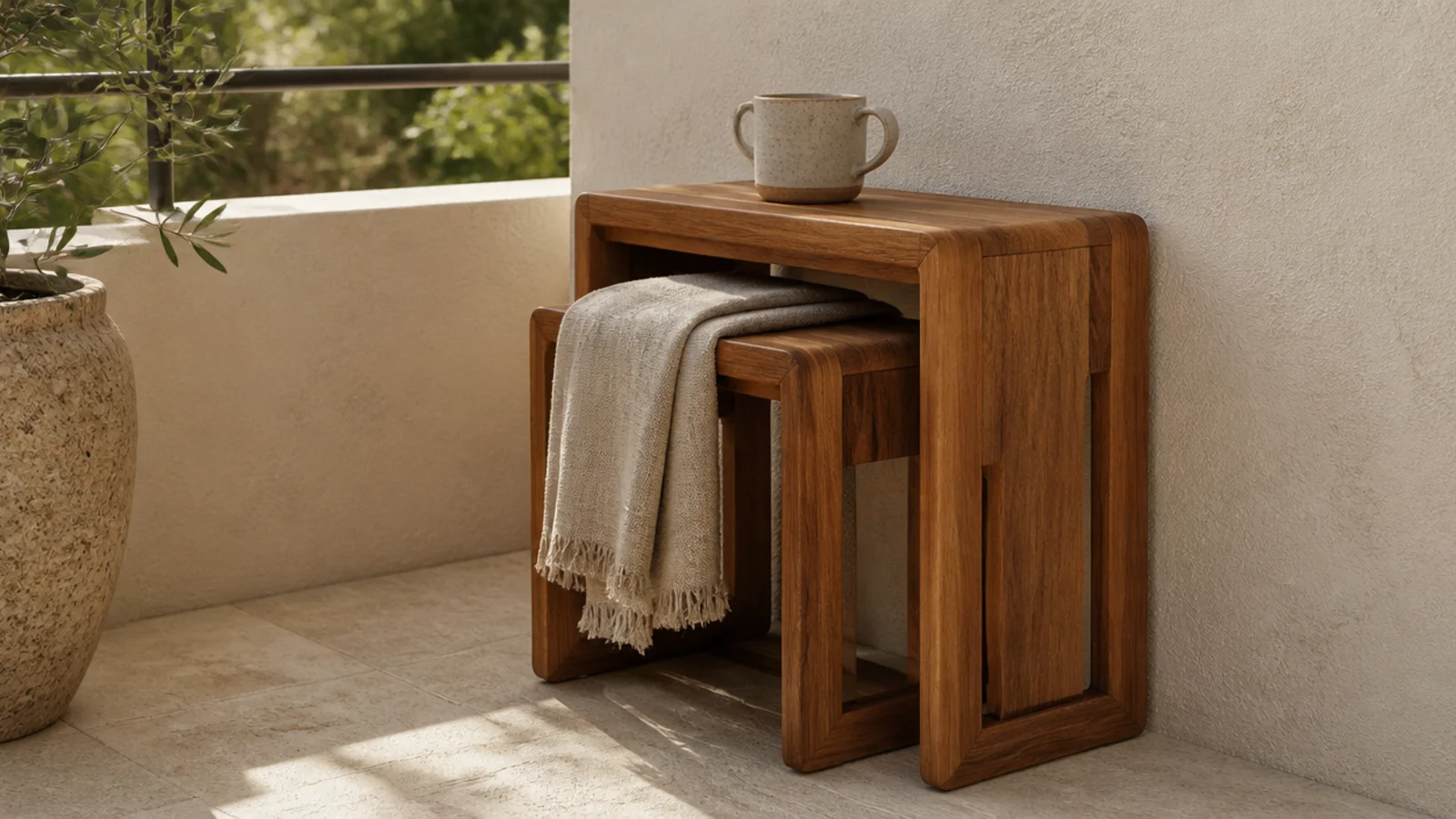 two nesting wooden stools tucked together against a balcony wall