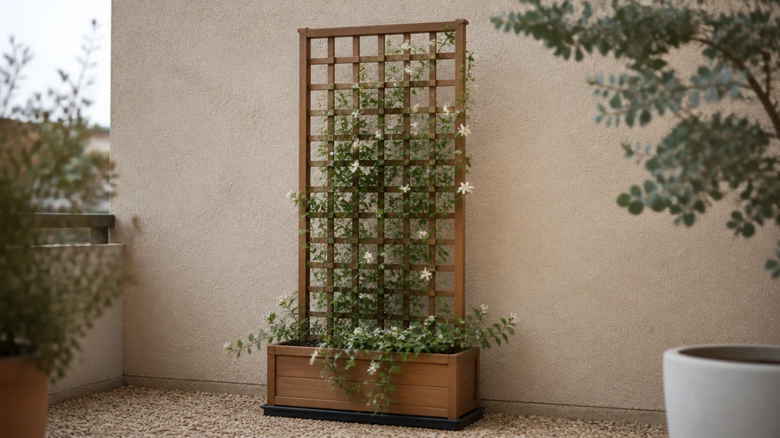 freestanding trellis panel rising from a weighted planter on a balcony