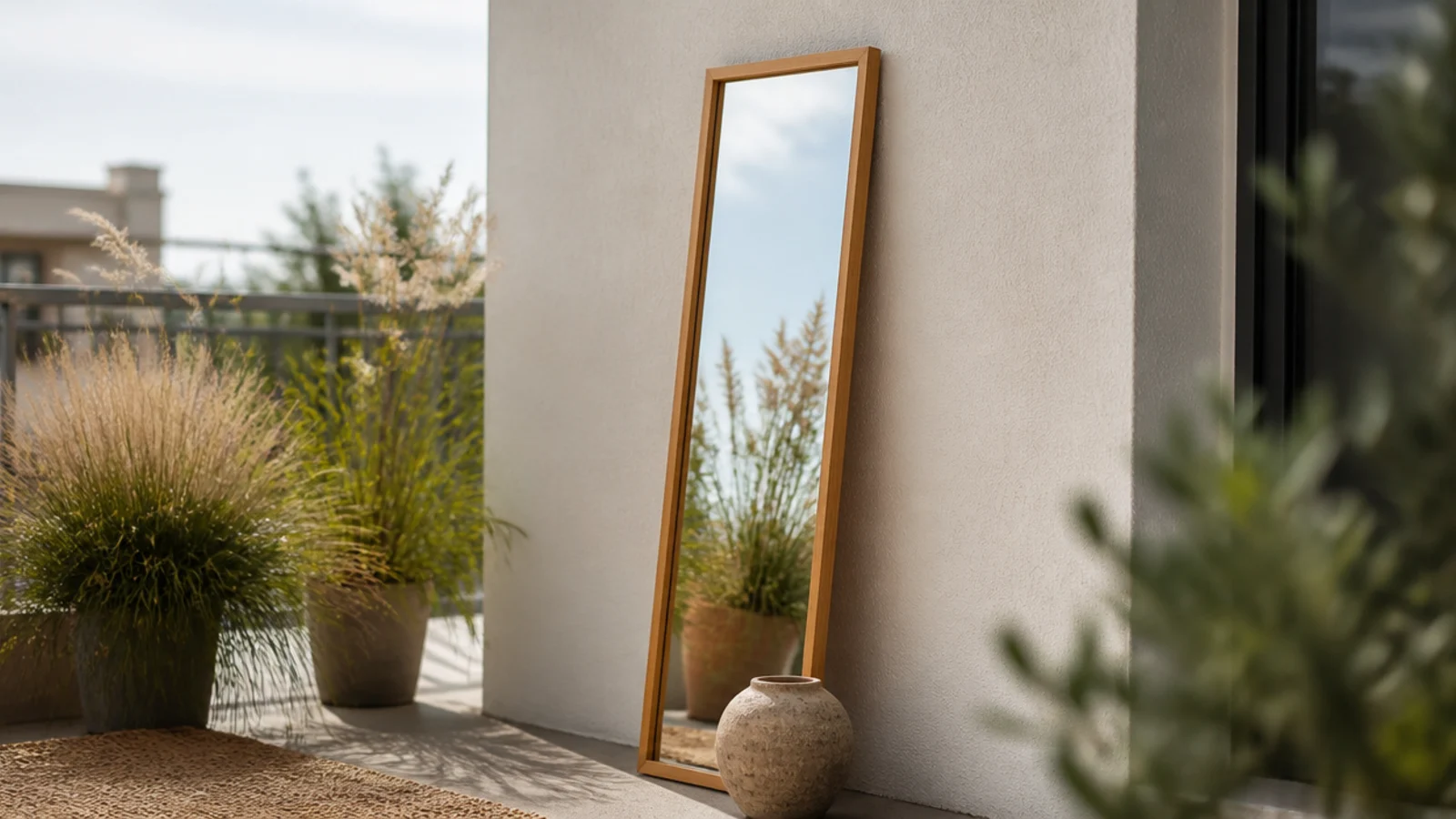 tall acrylic mirror leaning against a balcony wall reflecting plants