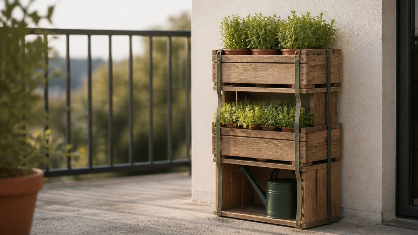 stacked wooden crates forming a plant tower on a tiny balcony