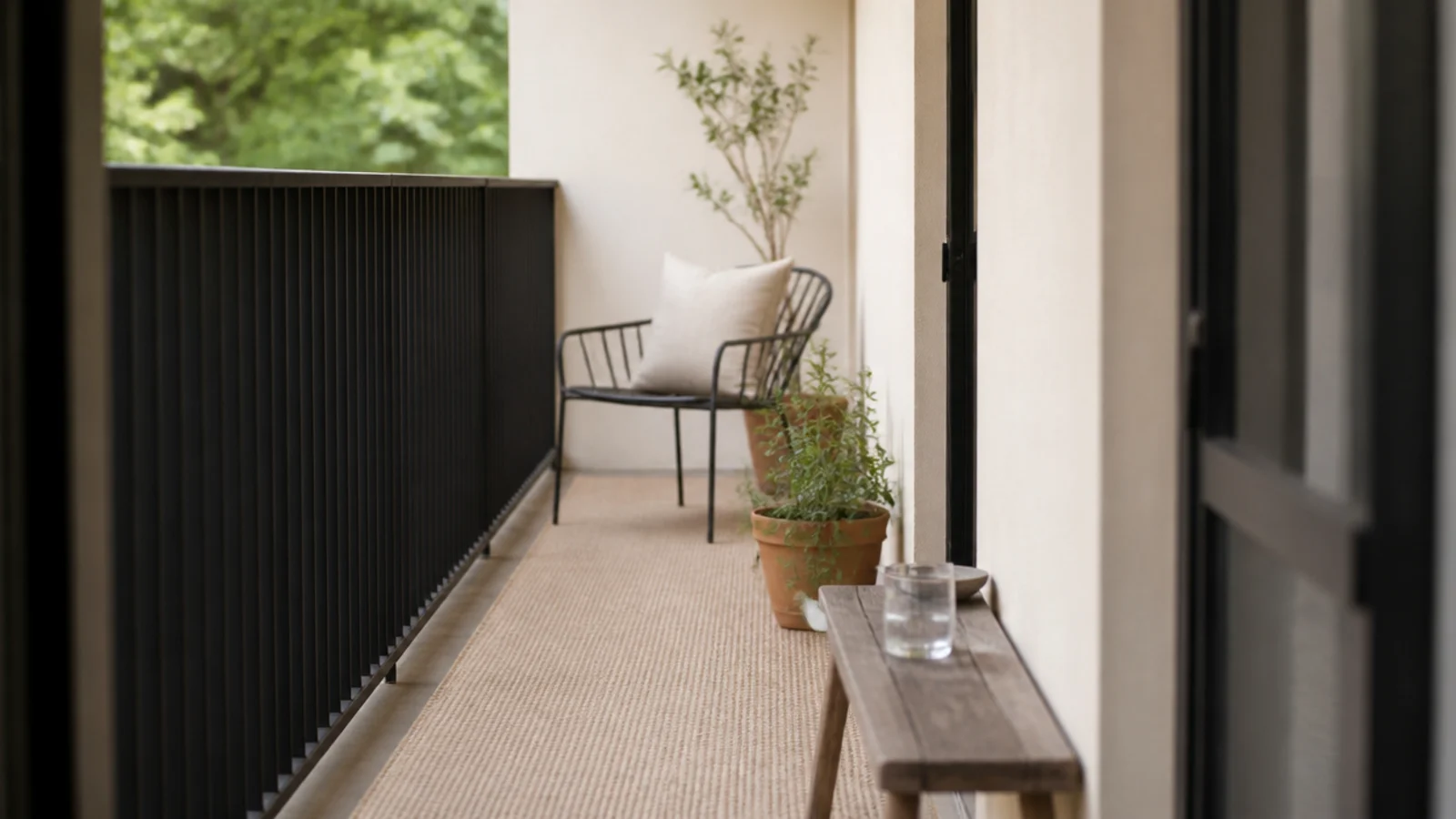 pale runner rug against a dark balcony railing making the slab look longer