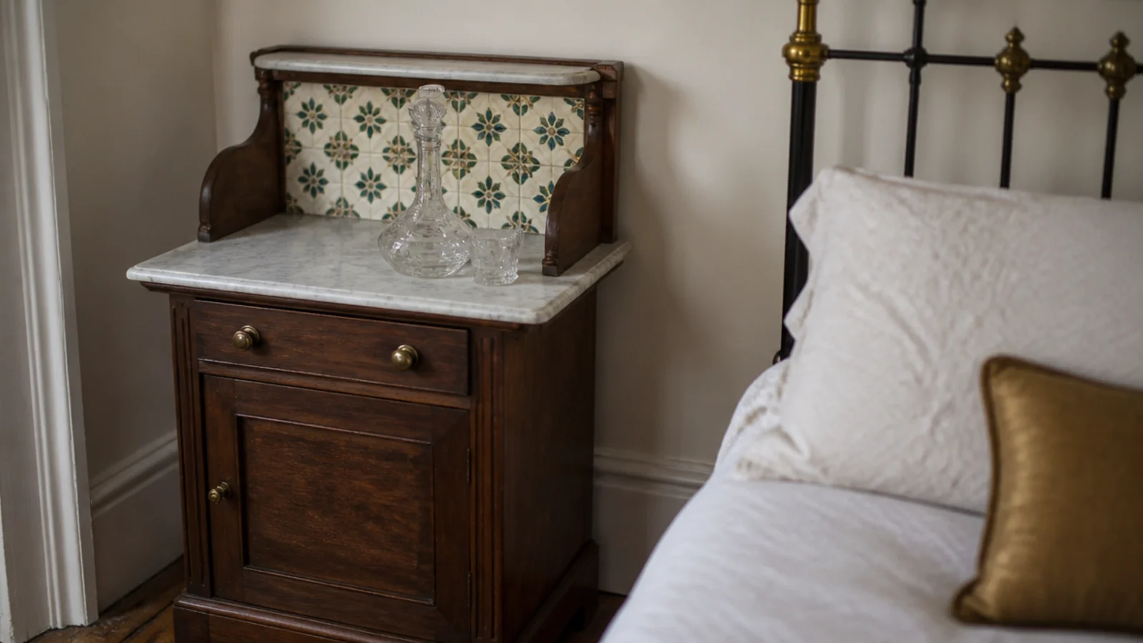 small tiled washstand with a marble top used beside a bed