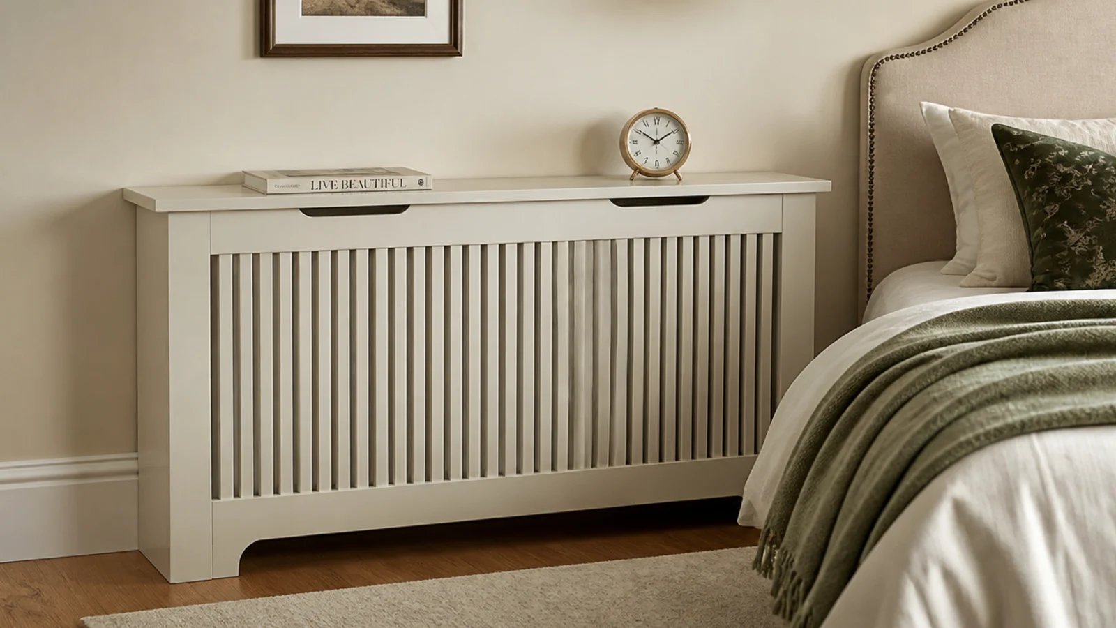 slatted radiator cover with a flat top beside a bed head