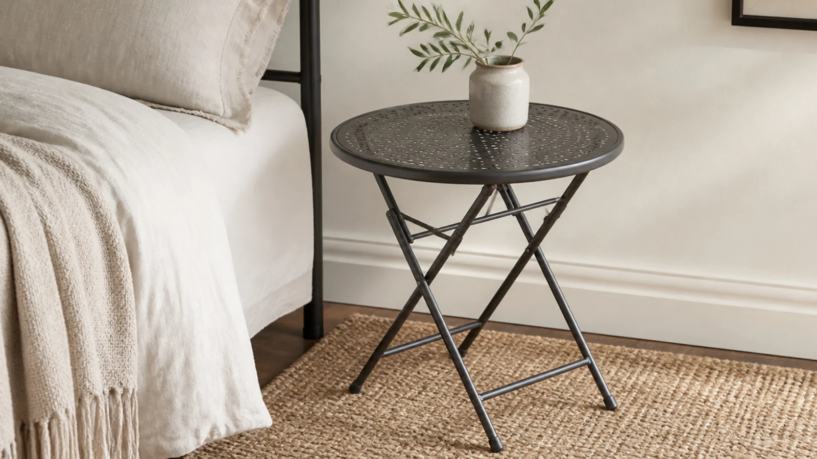 small metal bistro table with a perforated top used indoors