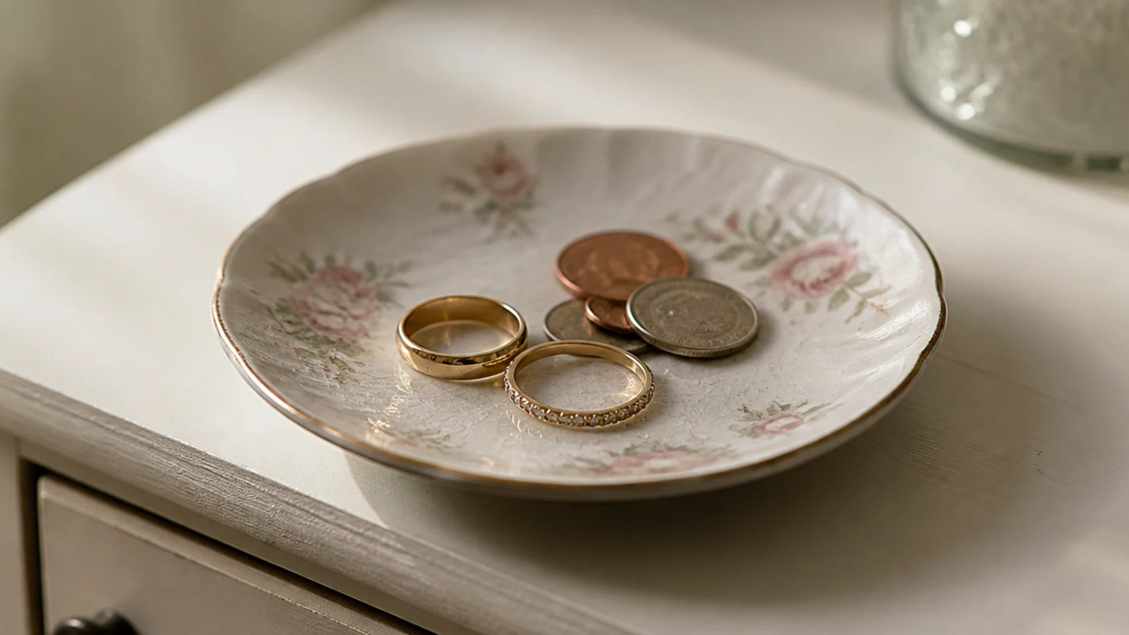 faded floral saucer holding rings and coins beside a bed