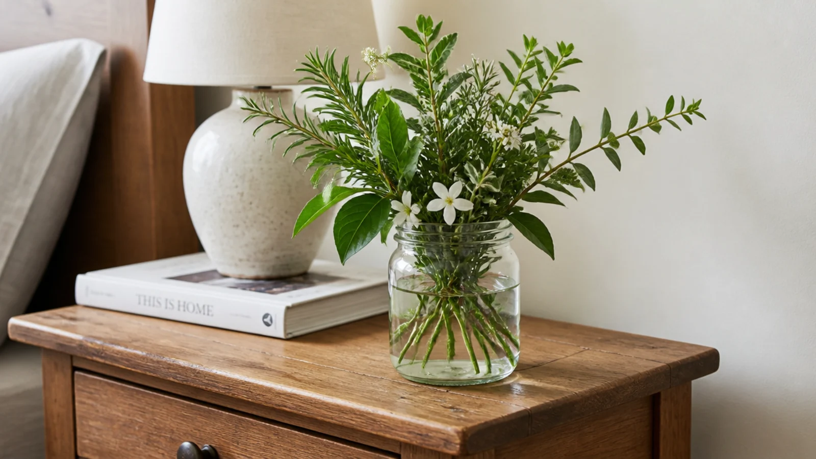 garden cuttings arranged loosely in a clear glass jar
