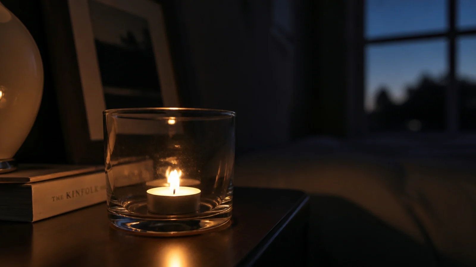 single tealight burning inside a short clear drinking glass