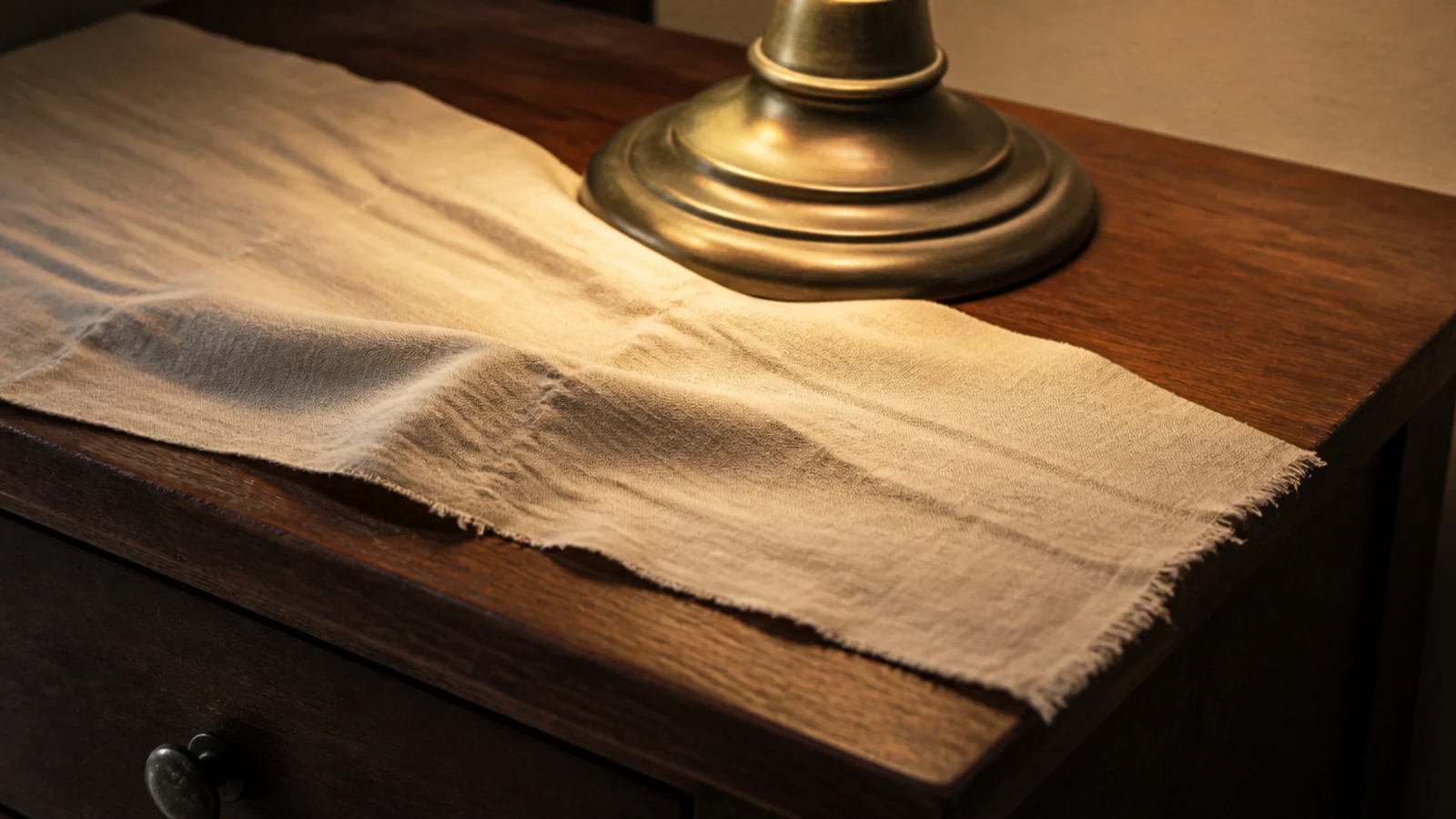 strip of washed cotton fabric laid across a bedside table top