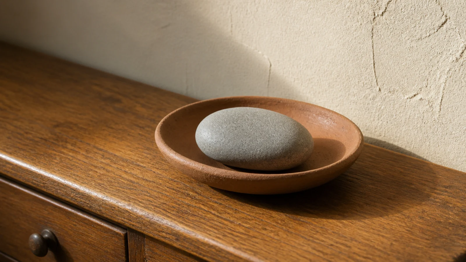 smooth grey beach pebble resting on a small bedside dish