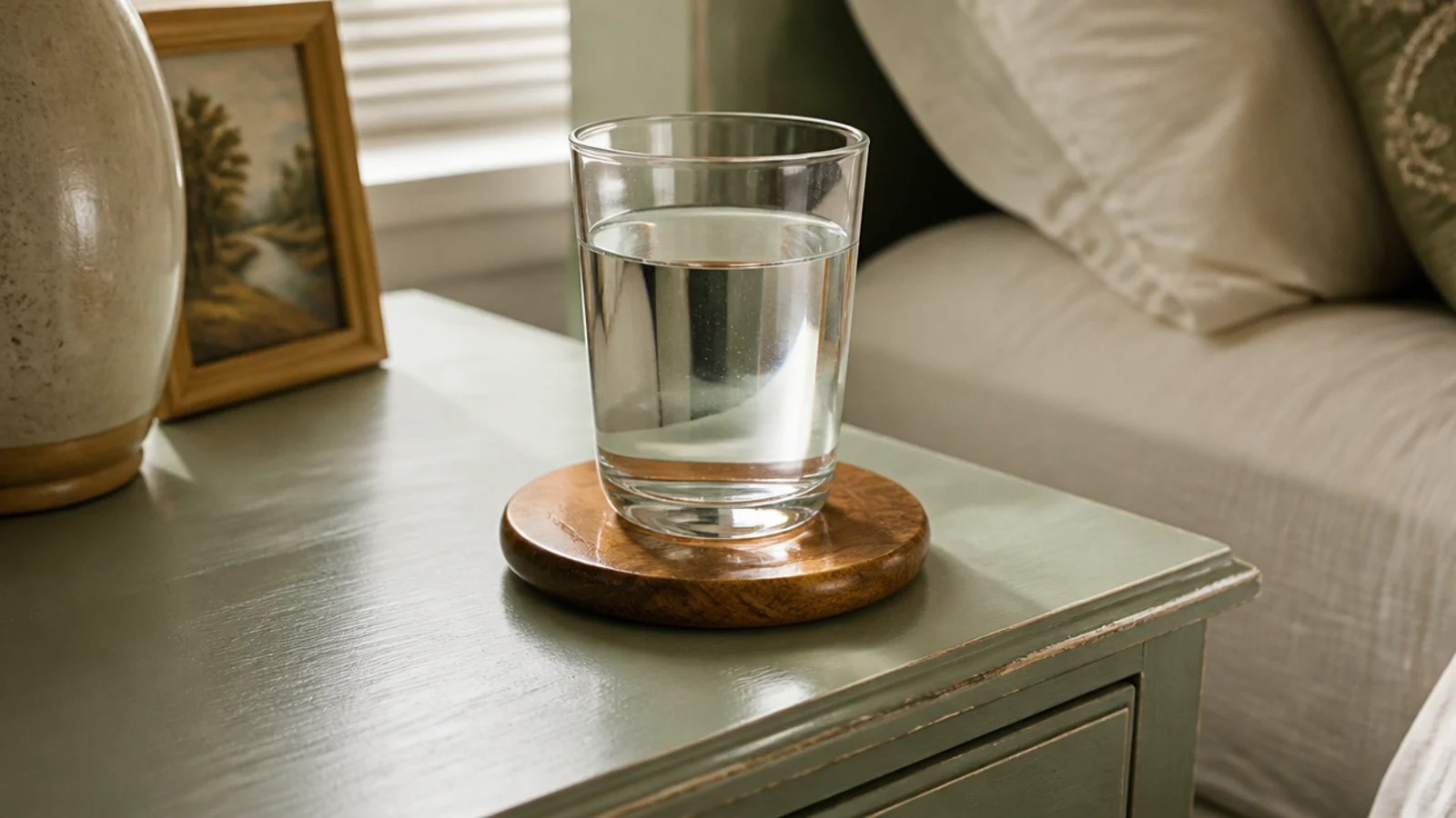 round wooden coaster under a water glass on a nightstand