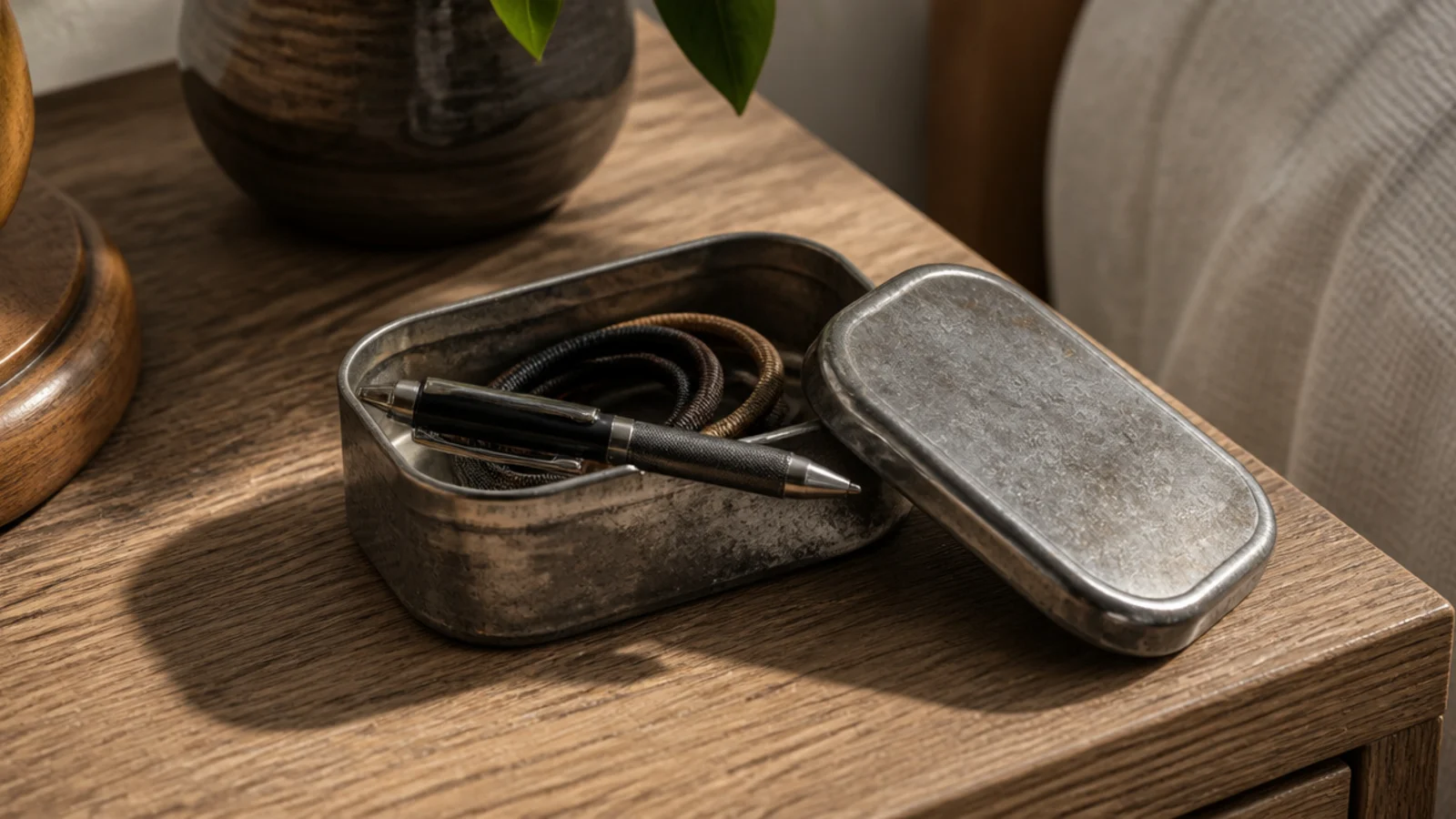 small vintage tin open on a bedside table holding small items