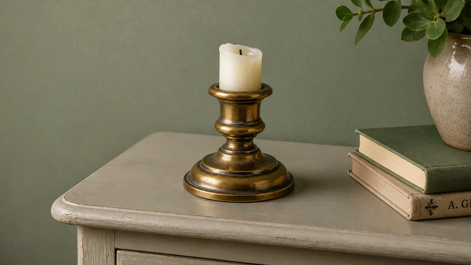 tarnished brass candlestick holding a short cream candle