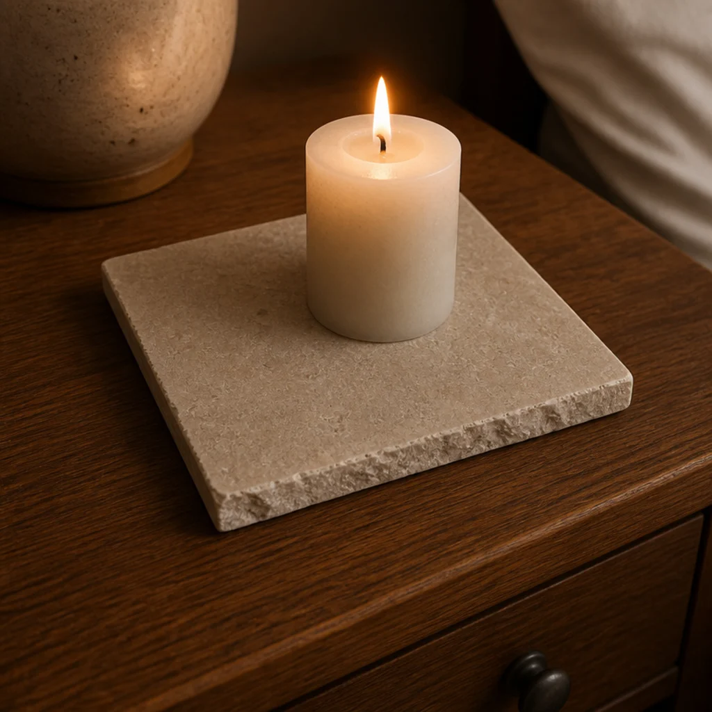 square stone tile offcut used as a heatproof bedside surface