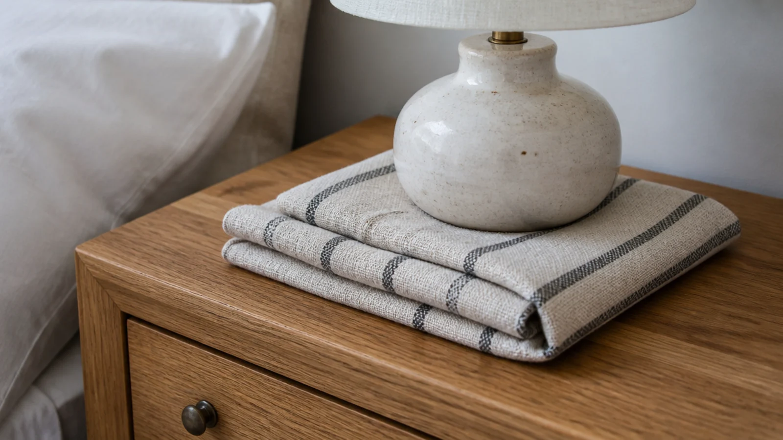 striped linen tea towel folded flat beneath a small lamp base