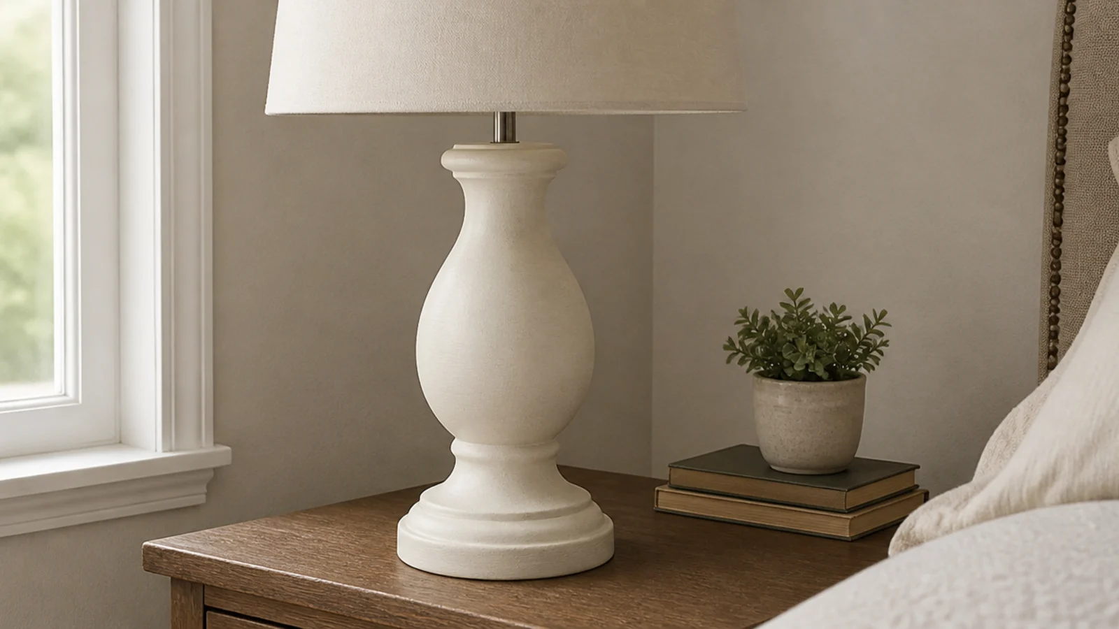 plain lamp base repainted matte cream standing beside a bed