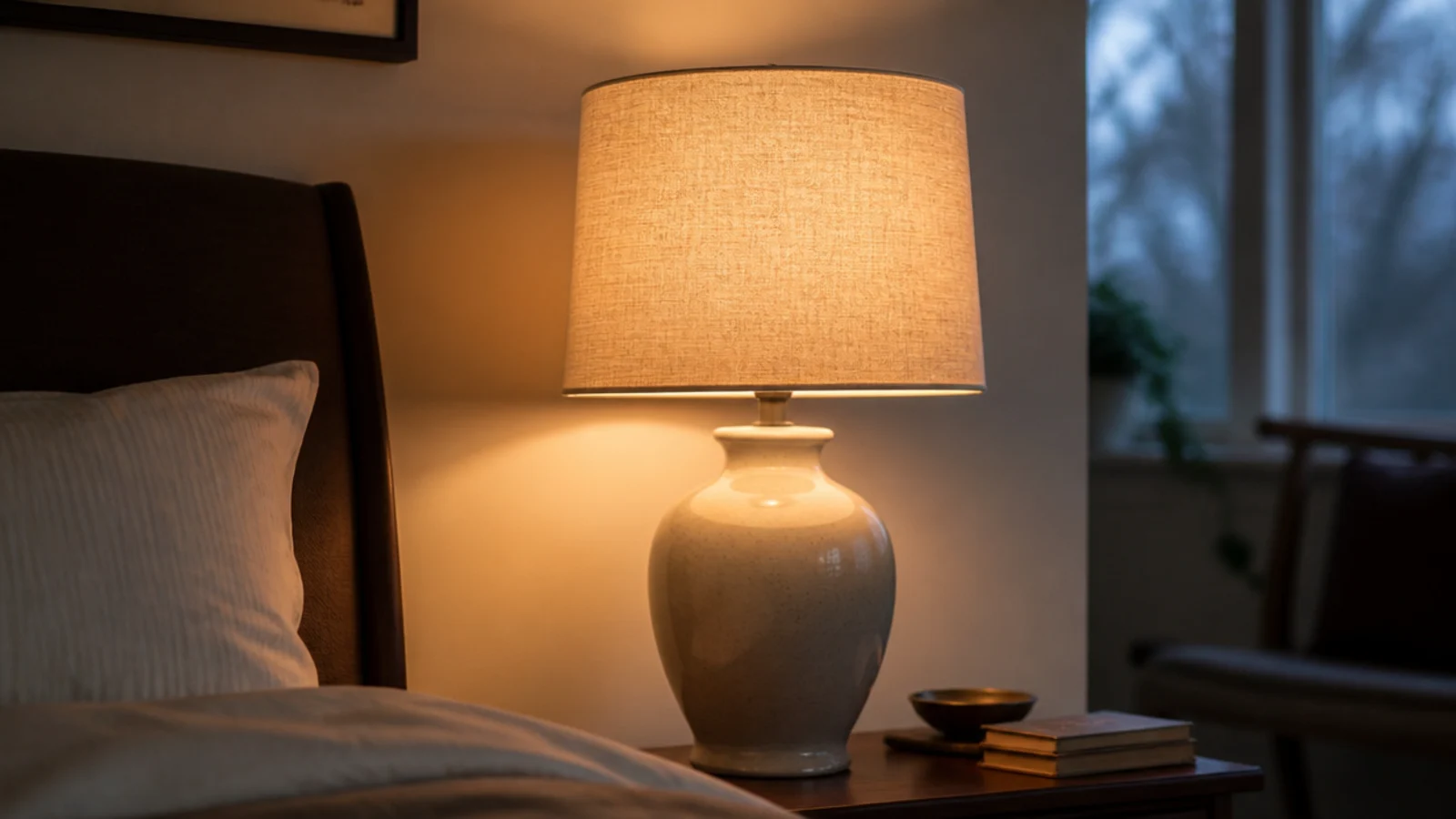 new linen lamp shade fitted to an older plain lamp base