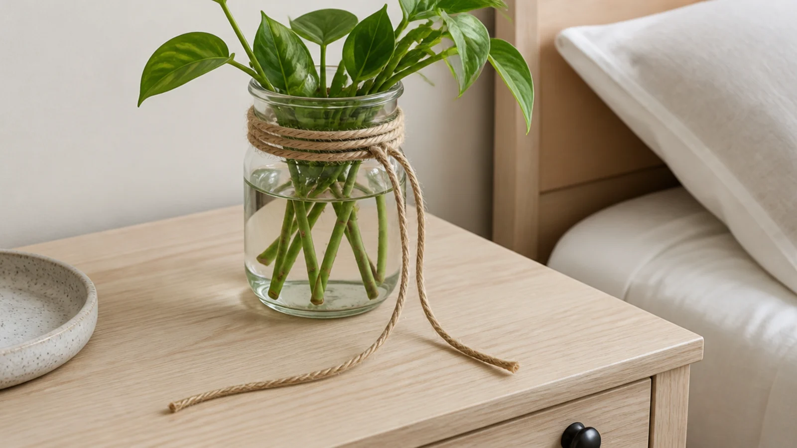 length of natural twine tied around the neck of a glass jar