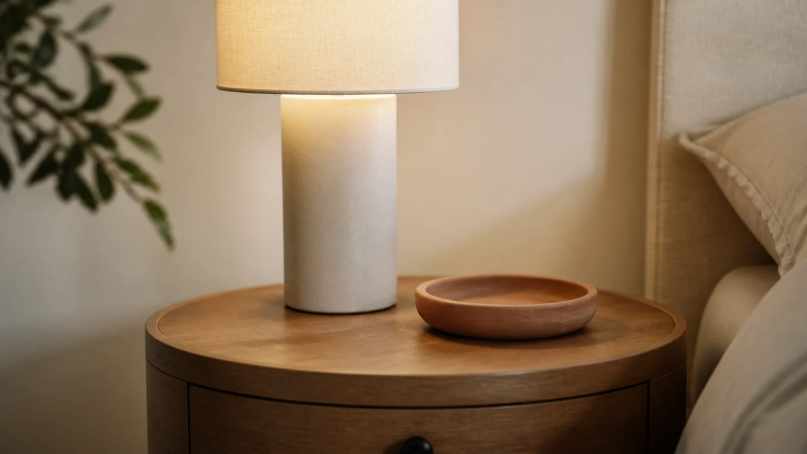 round lamp base round dish and round table edge grouped together
