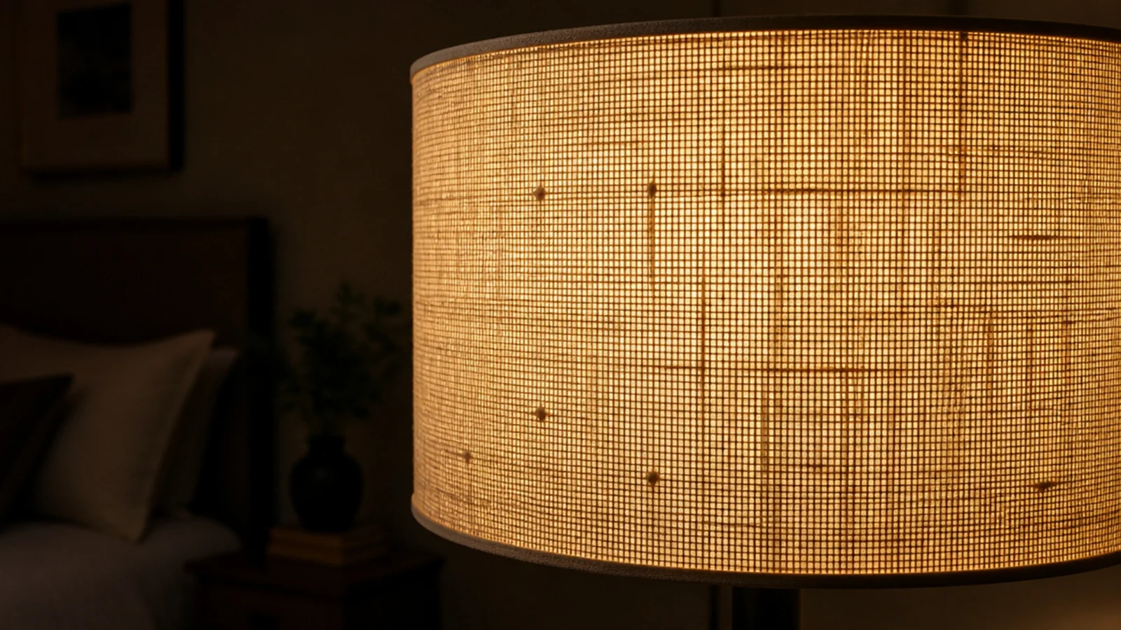 coarse linen lamp shade showing visible weave against warm light