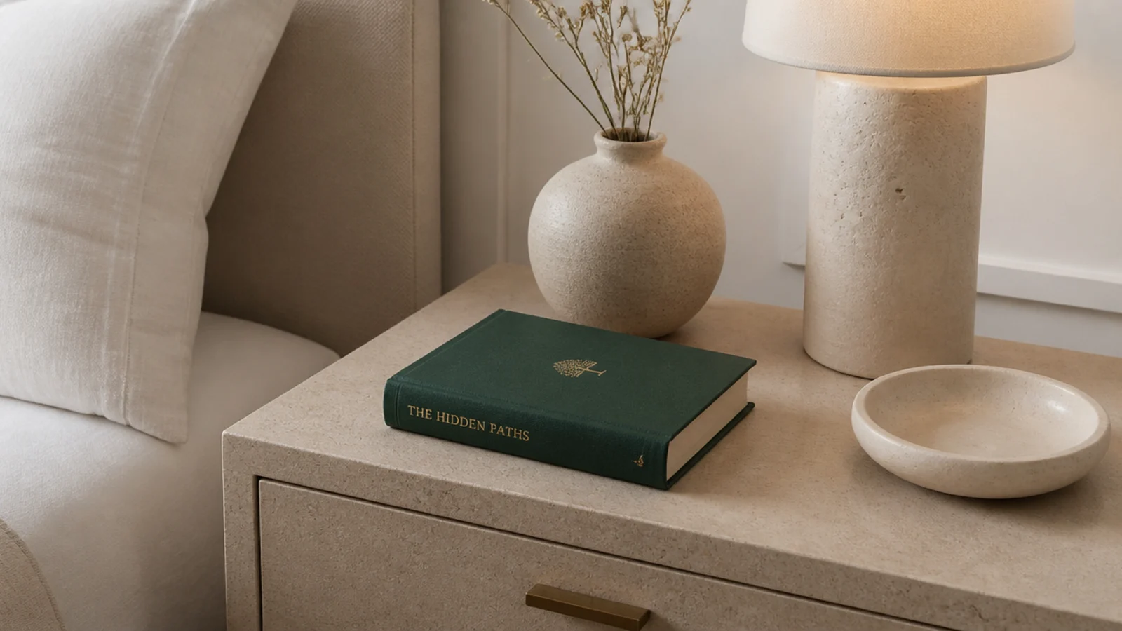 single deep green book among otherwise neutral bedside objects