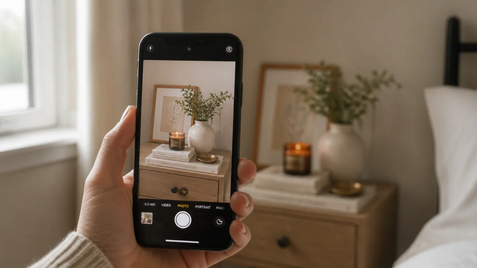 phone camera framing a styled bedside table to check the composition