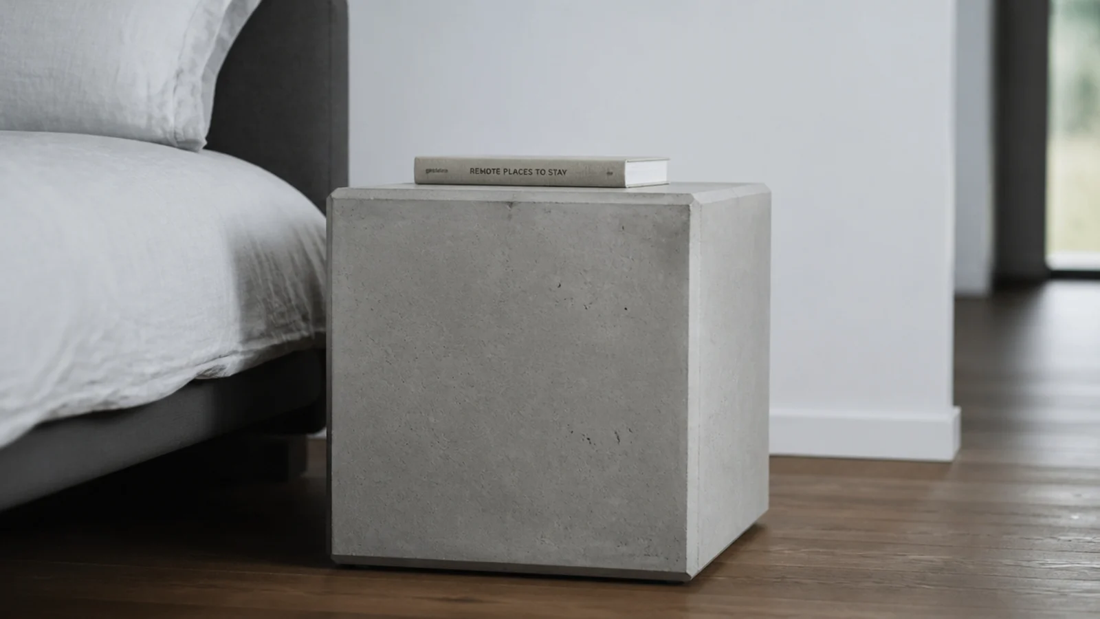 grey concrete cube nightstand with visible casting pinholes and chamfer